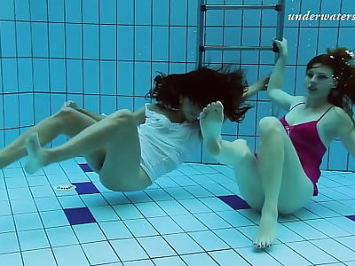 Underwater swimming pool lesbians Lera and Sima Lastova
